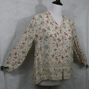 Lucky Brand Beige w/ Multi-Color Floral Viscose Blouse Front Button SZ SP EUC